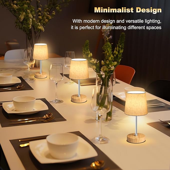 Small Cordless Table Lamp,5000mAh Rechargeable Battery Operated Desk Lamp,3 Colors & 7 RGB Stepless Dimmable, Portable Touch Bedside Night Light for Patio Restaurant Home,Wood Base,Flaxen Shade