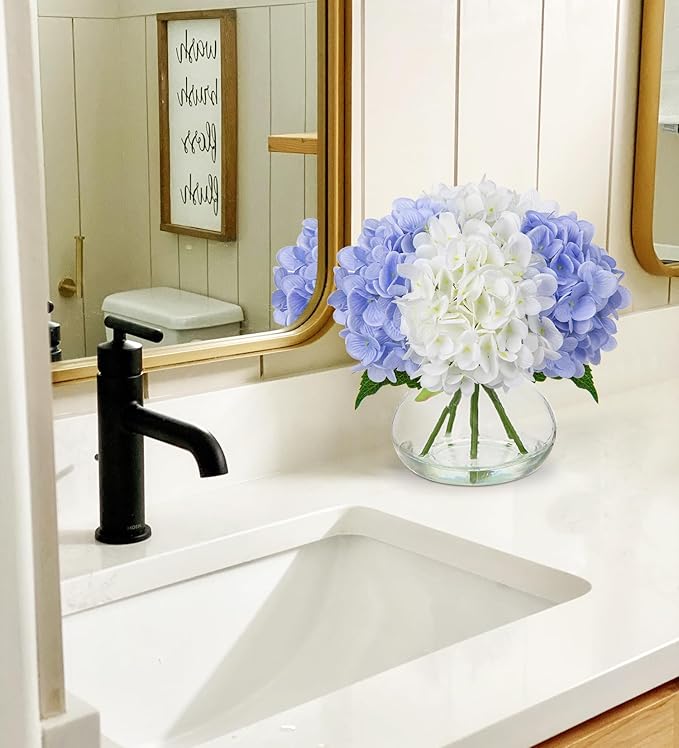 Hollyone Hydrangea Artificial Flowers with Vase White & Blue Silk Fake Flowers Arrangements in Glass Vase with Faux Water Faux Floral Bulk Bouquet Bathroom Table Centerpiece Shelf Home Decor