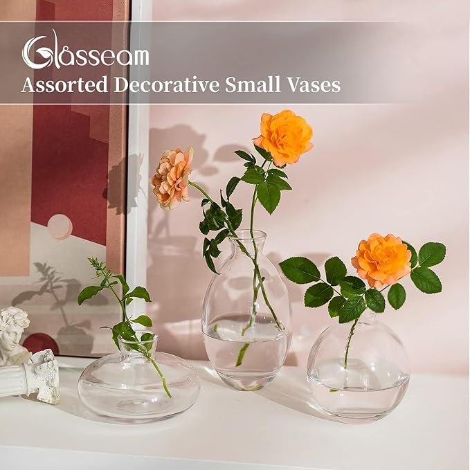 Glasseam Clear Glass Bud Vase, 3Pcs/Set Modern Decorative Small Mini Flowers Vases Short Minimalist Aesthetic Home Decor Vintage Cute Handmade Tiny Wedding Table Centerpieces for Single Flower Rose