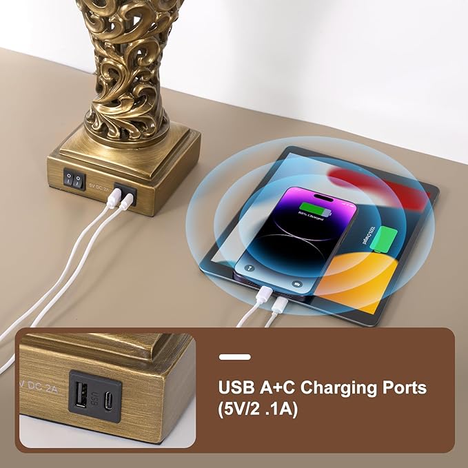 28.5'' Table Lamps Set of 2 for Living Room, Vintage Bedside Lamps with USB A+C Ports & Nightlight, Farmhouse Nightstand Lamps with Faux Silk Shade for Bedroom, Study Room, Office (LED Bulbs Included)