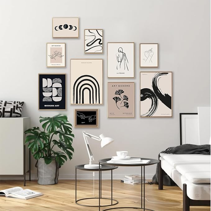 KBKBART Minimalist Boho Wall Art Prints, 10 PCs Abstract Neutral Black Beige Women Body Line Flower Canvas Art, Eclectic Home Decor for Room