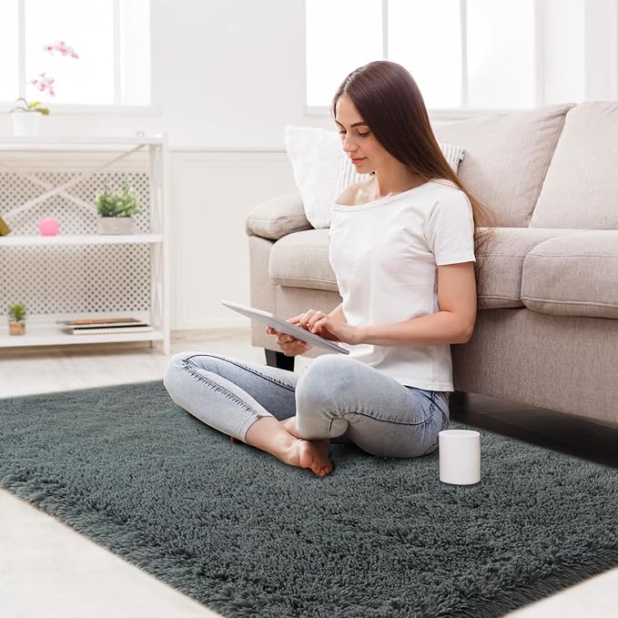 Fluffy Area Rug for Bedroom: Grey Plush Soft Bedside Dorm Area Rug - Small Carpets for Bedroom Kids Room Nursery (Grey, 3x5Feet)