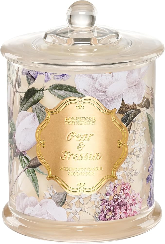 M&SENSE Pear Fressia Candles Home Scented, Organic Soy Candle 12.7oz 75 Hour Long Lasting Slow Burning, Spring Floral Fragrant Relaxing Aromatherapy Candle, Aaesthetic Candle Gift for Women