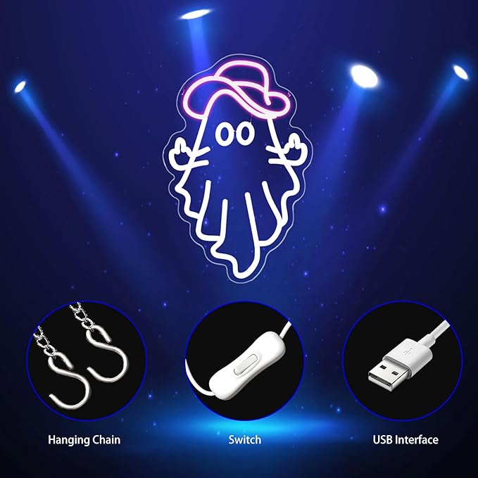 Cowboy Ghost Neon Sign, Neon Signs for Wall Decor Neon White Pink LED Signs Room Neon Light Up Signs Home Decor for Bedroom Club Party Bar Shop USB Operated