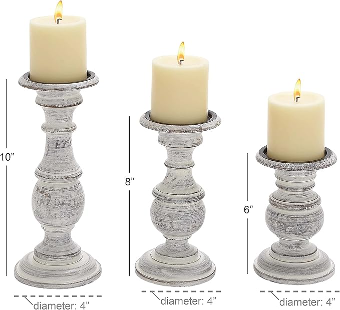 Deco 79 Mango Wood Decorative Candle Holder Turned Style Pillar Candle Stand, Set of 3 Candlestick Holder 10", 8", 6”H, White