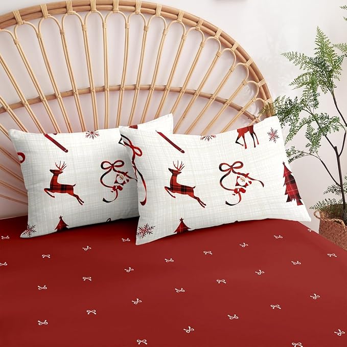 Christmas Comforter Set Queen Size, Christmas Bed Set with Reindeer, Bows and Santa Claus Snowflakes Bells Bedding for Holiday, 3 Pieces 1 Reversible Comforter and 2 Pillowcases