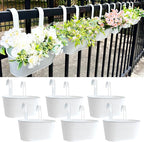10" Hanging Flower Pots, Pack of 6 White Metal Outdoor Patio Balcony Planter, Railing Planters Fence Pot with Detachable Hook & Drainage Hole for Small Plants (White, 6Pcs)