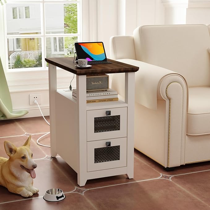 Farmhouse XXL End Table with Charging Station, Narrow Side Table with USB Ports and Outlets, Nightstand with 2 Drawers Storage, Bedside Tables for Living Room, Bedroom, Rustic Walnut White