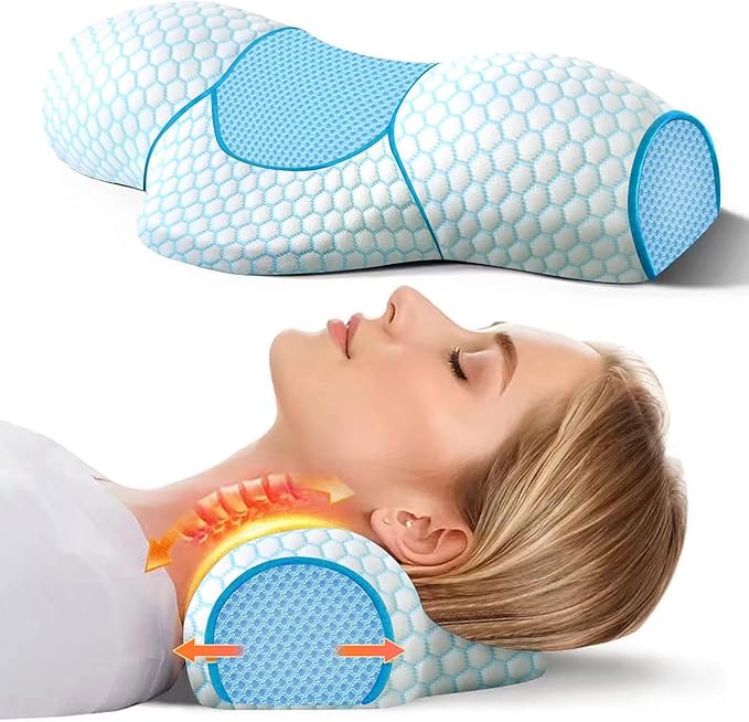 Cervical Neck Pillow: Designed to help alleviate neck discomfort. This neck pillow for sleeping can be used as a cervical traction device, for neck support and shoulder relaxation.. (Blue White)