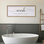Wash Your Worries Away Bathroom Wall Art 24×10 Inch Wood Framed Decor Funny for Laundry Room Restroom Modern Rustic Inspirational Sign (Wood)