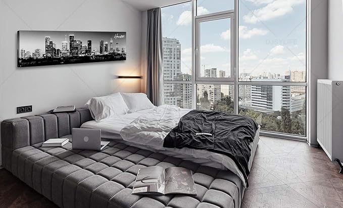 DJSYLIFE Houston Skyline Canvas Wall Art Decor Black & White City Pictures Painting Texas Cityscape Photo Print Artwork for Office Bedroom Living Room Walls Decoration Ready to Hang 13.8"x47.3"