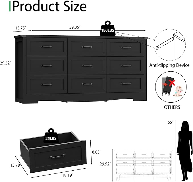 Dresser for Bedroom with 9 Drawers, 59" Wide Modern Chest of Drawers with Deep Drawers & Mental Handle, Wood Dresser TV Stand, Wooden Closet Storage Organizer for Living Room, Hallway, Entryway, Black
