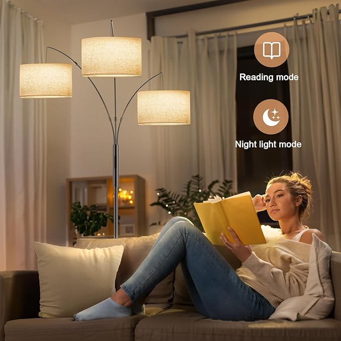 36W LED Arc Floor Lamp with 3 Fabric Shades, 3000LM Super Bright Standing Lamp with Remote Control & Touch, Stepless Dimming, Individual Light Control for Living Room, Bedroom