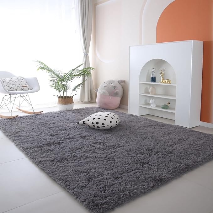 Gray Area Rug for Bedroom 3x5: Shag Fuzzy Rugs for Living Room Bedroom, Gray Non-Slip Shaggy Carpets for Kids Girls Baby's Room, Furry Rugs for Nursery Decor, Floor Rugs for Dorm Room