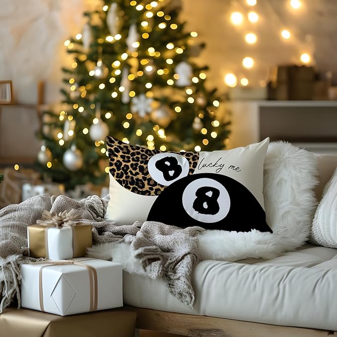 Preppy Pink Lucky 8 Ball Leopard Throw Pillow Covers 20x12,Cheetah Print Room Decor, Trendy Funky Y2K Leopard Print Motivational Decorative Pillow Covers for Girls Room Dorm Apartment，Set of 2