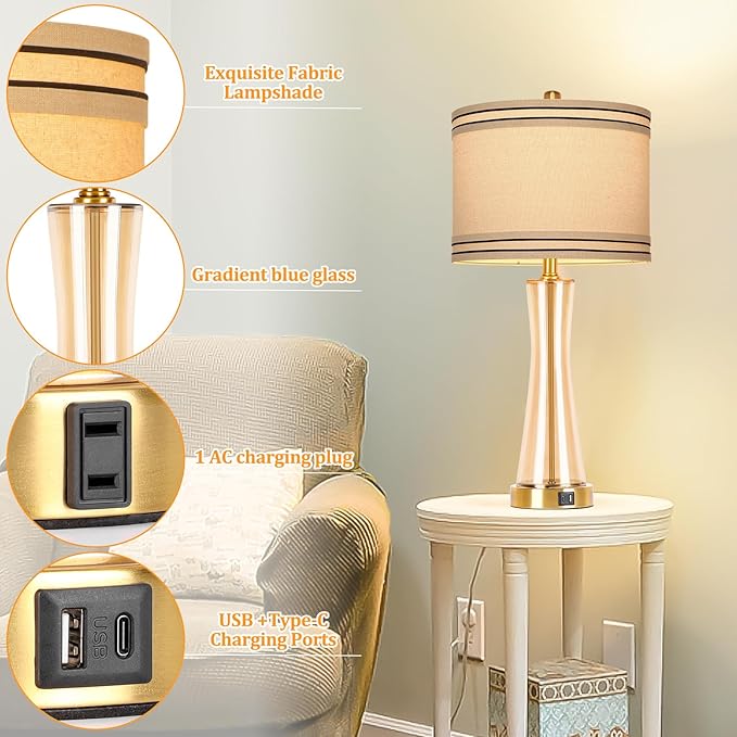 27.4''Table Lamps for Living Room Set of 2，3-Way Dimmable Modern Glass Bedside Lamps with USB Ports，Tall Lamps for Night Stands，Touch End Table Lamps for Bedroom Desk Lamps for Home Office（Glod）