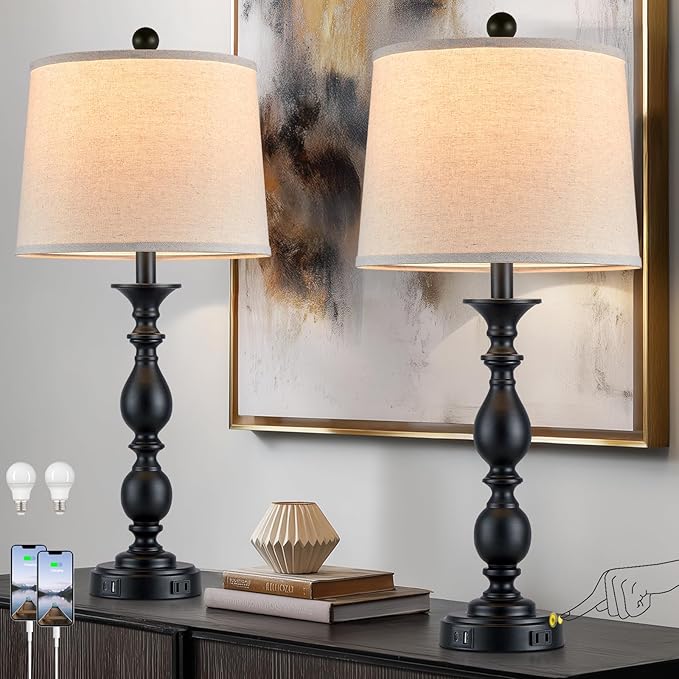 28" Tall Modern Table Lamps Set of 2 with USB C+A Ports and AC Outlet, 3 Way Touch Metal Bedside Lamps for Living Room, Black Farmhouse Nightstand Lamps for Bedroom