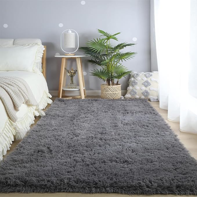 CAIYUECS Grey Area Rug for Living Room: Indoor Ultra Soft Shag Plush Rugs for Bedroom - Non-Skid Modern Nursery Faux Fur Rugs for Kids Room Home Decor (6x9 Feet, Grey)