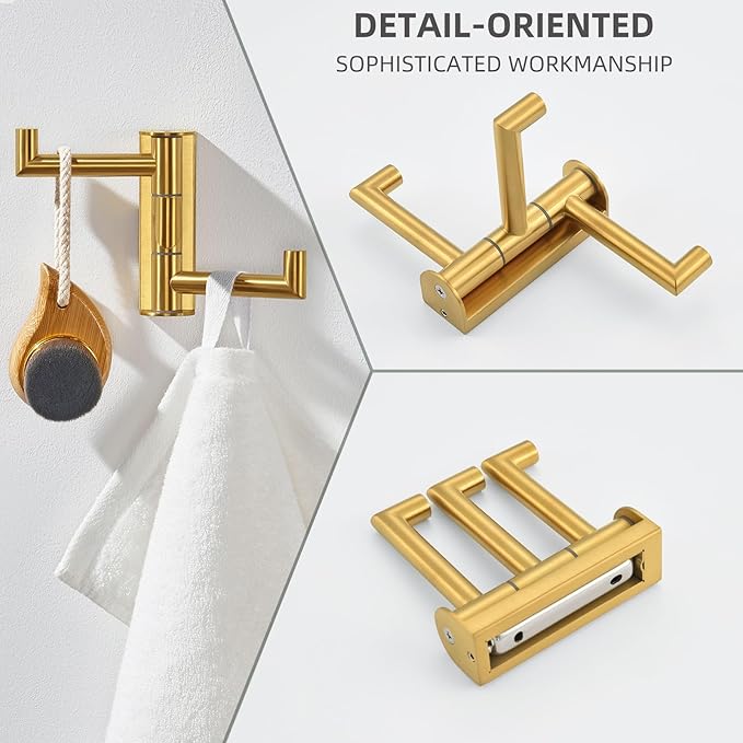 Angle Simple 3 Arms Towel Hook Brushed Gold, 304 Stainless Steel Swivel Triple Towel Holder, Folding Bathroom Hook, Wall Mount