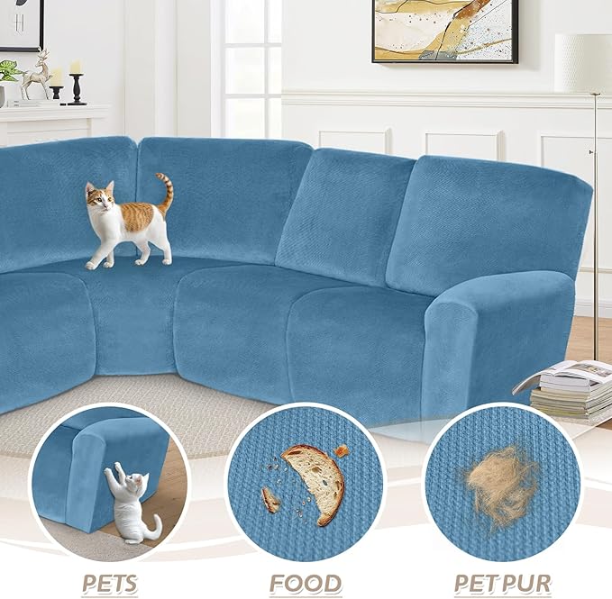 Arfntevss Sectional Recliner Couch Covers Velvet Corner Sectional Sofa Cover for Reclining Couch Stretch Soft L Shape Recliner Slipcover Thick U Shaped Washable Protector (5 Seat Cover, Light Blue)