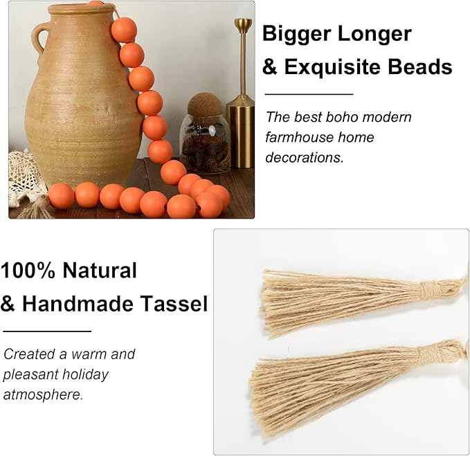OMISHE Extra Large Wood Bead Garland Orange with 1.6" Diameter Wooden Beads and Tassels, 41" Long Rustic Farmhouse Country Decorative Beads for Home Tiered Tray Decor, Orange