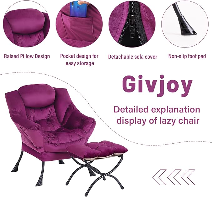 Lazy Chair and Ottoman, Large Accent Lounge Chair with Armrests and a Side Pocket, Modern Leisure Upholstered Sofa Reading Armchair with Footrest for Bedroom, Living Room, Dorm Rooms, Office