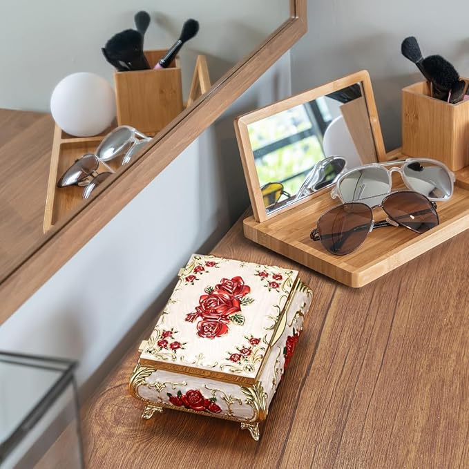 ELLDOO Vintage Music Box, Beige Metal Musical Jewelry Box Keepsake Box, Small Trinket Jewelry Storage Box Gift for Girl Women (Tune: You are My Sunshine), Red Rose Pattern