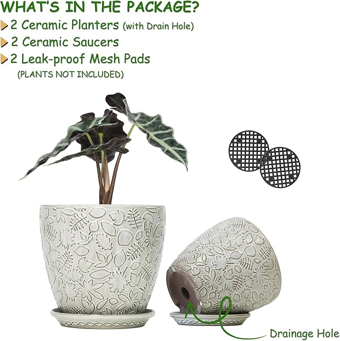 8 Inch + 6 Inch Retro Ceramic Planter Set of 2 with Drainage Hole and Saucer for Multiple Plants, Indoor-Outdoor Garden Pots for Succulent, Orchid, and Flower (Retro White)