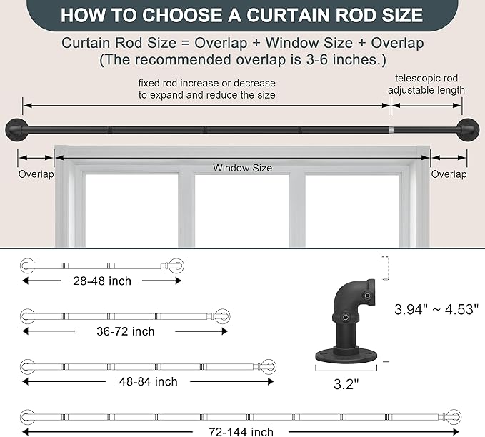 Black Industrial Curtain Rods for Windows 48 to 84, Wrap Around Blackout 1 Inch Heavy Duty Curtain Rods,Rustic Pipe Adjustable Drapery Pole 36-72 Inch
