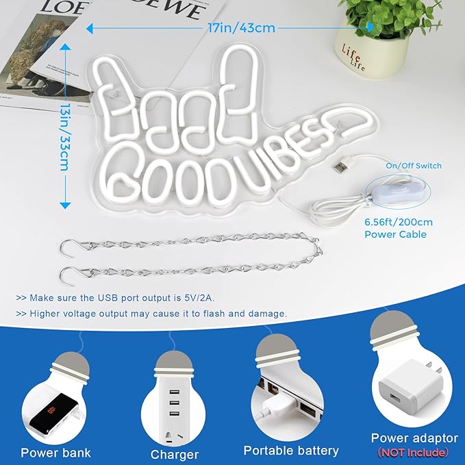 Good Vibes Neon Sign, Dimmable Good Vibes Only Neon Signs Light with ON/OFF Switch, USB Powered Neon Signs for Wall Decor, Colorful Light Up LED signs for Bedroom Game Room Party Club Decor