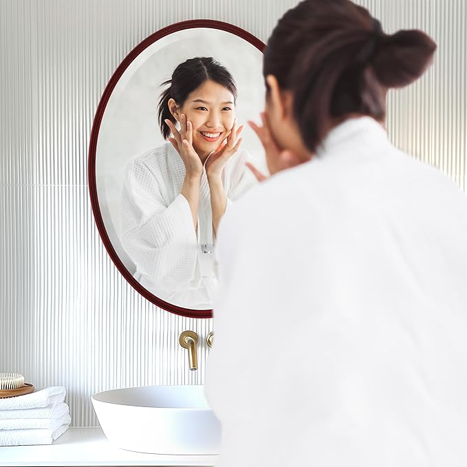 OVALCREST - Oval Wooden Beveled Wall Mirror for Home Decor, Bathroom, Vanity, Bedroom, Living Room, Hallway - London Style (Black Cherry) 13.1 x 17.1