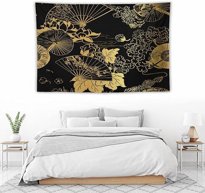 HZOHNAGO Japanese Tapestry Gold Flowers Umbrella Fan Pattern Printed Wall Tapestry Painting Wall Hanging for Bedroom Living Room Dorm 90" W x 60" H