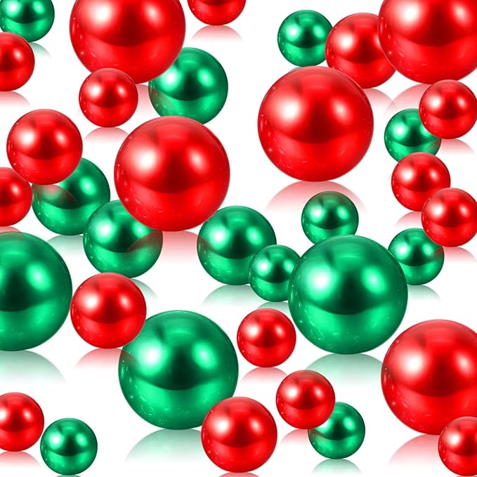 200 PCS Red Green Vase Fillers, Pearls Bead for Centerpieces Vases, 10/14/20 MM No Hole Beads, Fake Pearls for Wedding Birthday Anniversary Theme Party Table Centerpieces Decor