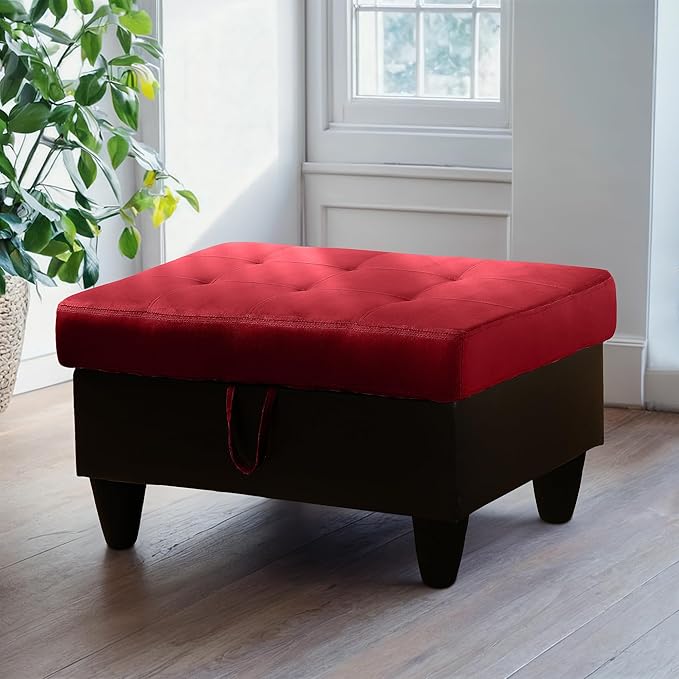 Ottoman Rectangular Storage Ottoman Bench, Flannel Footrest Stool Footstool with Lid for Living Room, Bedroom, Entryway, Red&Black, 35"x23.5"x17.5"