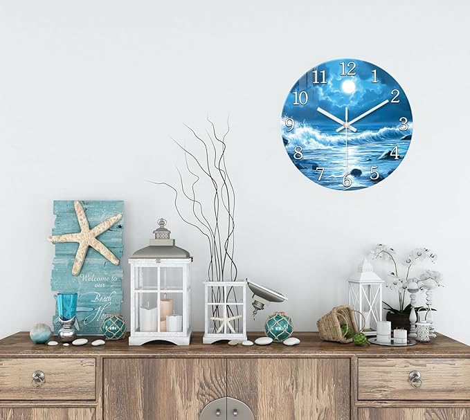 XFM Blue Wall Clock Battery Operated 12 Inch Silent Non-Ticking Glass Clocks Moon Ocean Wave Round Clocks for Kitchen Bedroom Bathroom Decor