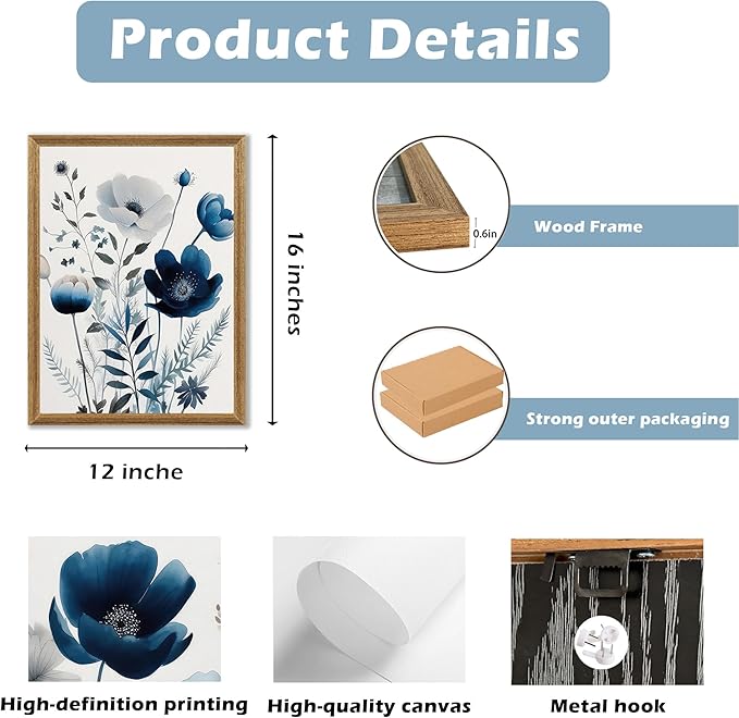 DUWQU 3 Pcs Blue Floral Canvas Wall Art, Wood Framed Navy Blue Wildflower Lily Daisy Art Wall Decor, Watercolor Botanical Flower Home Poster Art Prints for Living Room Bedroom Bathroom 12×16 Inches