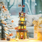 Taman Christmas Village Collectible Buildings, Clock Tower Figurine with Revolving Train Music, Warm Light Christmas Ornaments for Holiday Decorations