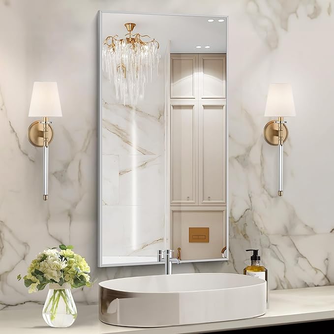 48x24In Silver Bathroom Mirror for Wall, Brushed Nickel Rectangle Mirrors with Metal Frame, Bathroom Rectangular Mirror Modern Wall Mirror for Bedroom Living Room, Hangs Horizontal or Vertical