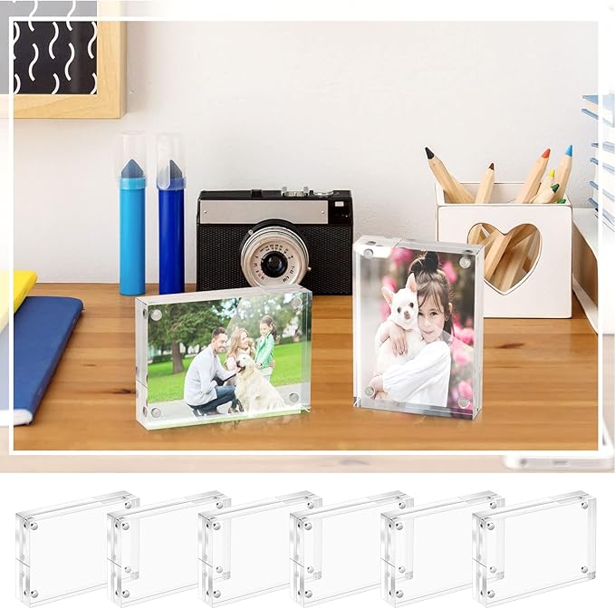 Xuhal Acrylic Business Card Frame 2.5 x 3.5 inch Clear Double Sided Magnetic Photo Block Frames, 20mm Thickness Frameless Wallet Size Picture Frames Stamp Display Stand for Home Office Decor(18 Pcs)