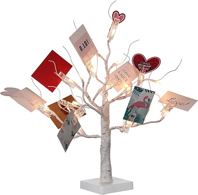 Mudder Money Holder Tree Present Card Holder with 12 Clear Clips LED Birch Twig Lights Tabletop Display Tree for Christmas, Valentines, Memo, Photo, Wedding(Trendy Style,White, Warm White)
