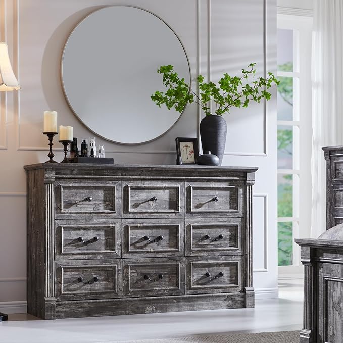 Farmhouse 9 Drawers Dresser for Bedroom, 55" Wide Large Dressers & Chests of Drawers w/Roman Column, Storage Dressers Organizer for Bedroom, Hallway, Living Room, Light Grey