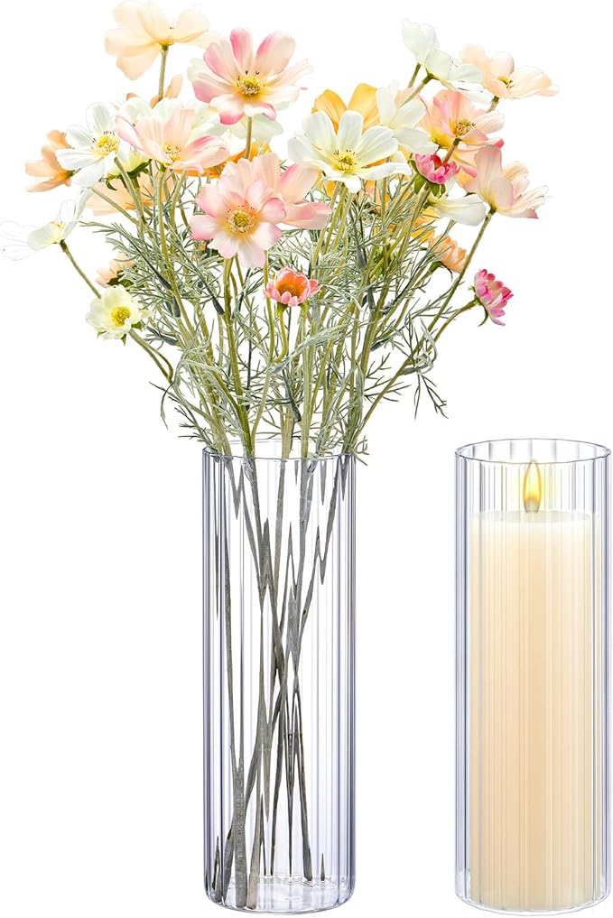 2 Pcs 12 Inch Tall Glass Ribbed Cylinder Vases Clear Floating Candle Flower Vase in Bulk, Hurricane Candle Holder for Wedding Housewarming Gift Table Centerpieces