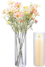 2 Pcs 12 Inch Tall Glass Ribbed Cylinder Vases Clear Floating Candle Flower Vase in Bulk, Hurricane Candle Holder for Wedding Housewarming Gift Table Centerpieces