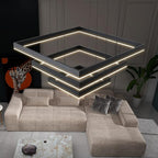 Modern LED Square Chandelier, 3 Ring Dimmable for Living, Dining, Bedroom & Foyer - High Ceiling Hanging LED Pendant Light Fixture (Black)