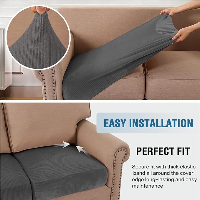 H.VERSAILTEX Velvet Stretch Couch Cushion Cover Plush Cushion Slipcover for Chair Loveseat Sofa Cushion Furniture Protector Seat Cushion Sofa Cover (2 Piece Large Sofa Cushion Covers, Grey Striped)