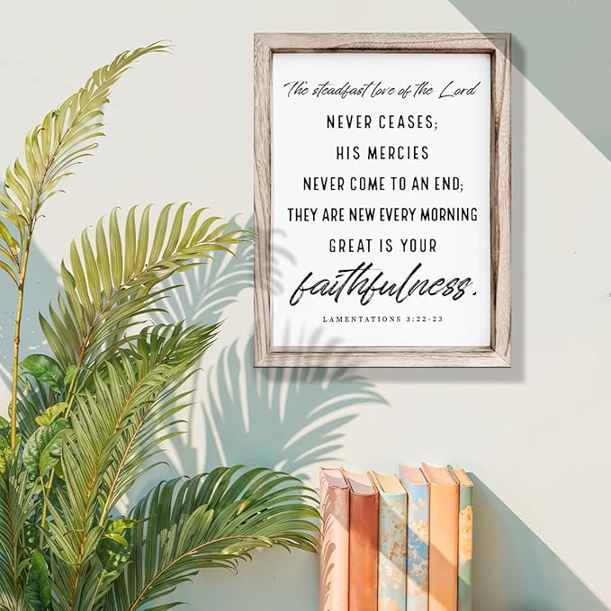 Christian Wooden Wall Signs, Living Room Decor, Home Church Decor for Room, Framed Wall Plaque Sign 15 * 11.5 inches, The Steadfast Love of the Lord Never Ceases Sign