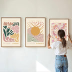 Tinonedraw Boho Flower Market Framed Canvas Wall Art Set, Pink Beige Cute Butterfly Wall Decor, Colorful Abstract Floral Wall Painting, Modern Matisse Art Print for Girls Room Bedroom Office Nursery 16"x24"x3