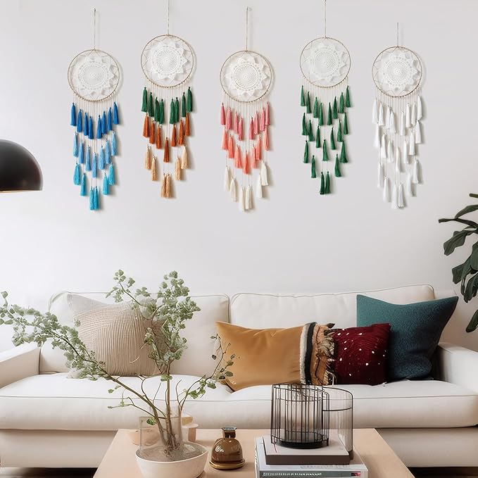 Artilady Macrame Dream Catchers for Bedroom - Tassel Wall Hanging Handmade Dreamcatchers Home Decor with Tassel Feather Ornament Craft Blessing Gift (Blue)