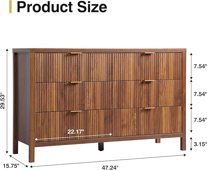 Fluted 6 Drawer Double Dresser for Bedroom, 47" Wide Modern Closet Dressers Chest of Drawers, Wood Storage Dresser Organizer for Nursery Bedroom Living Room Hallway Closet, Walnut