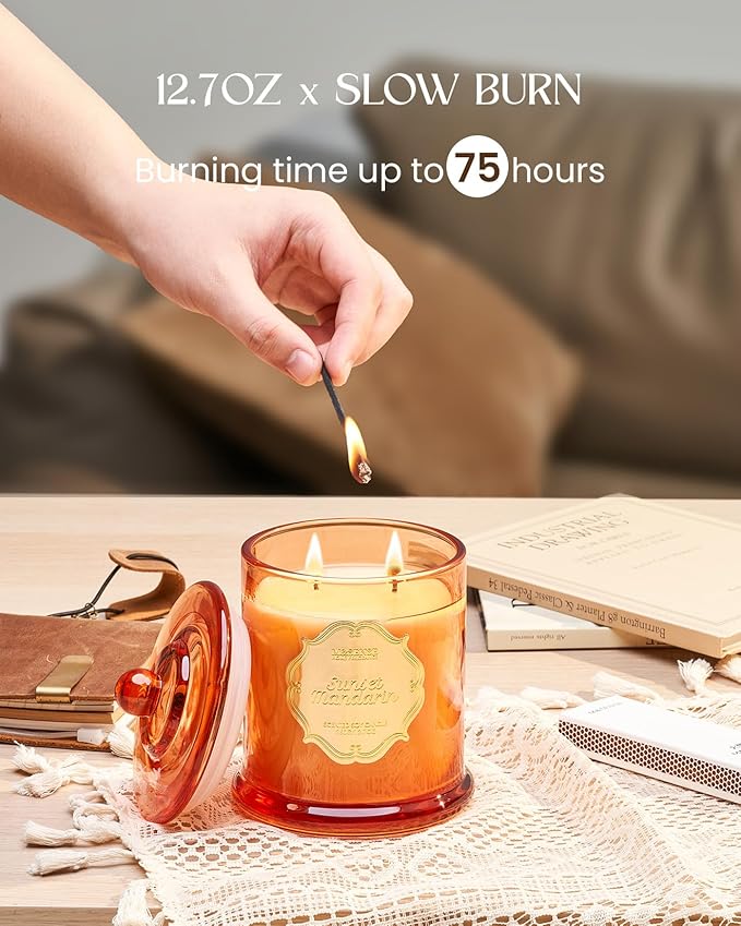 M&SENSE Citrus Candles for Home Scented, Natural Organic Soy Candle 12.7oz 75 Hour Long Lasting Slow Burning, Mandarin Fragrant Double Wick Jar Candle Fresh Smelling for Bathroom